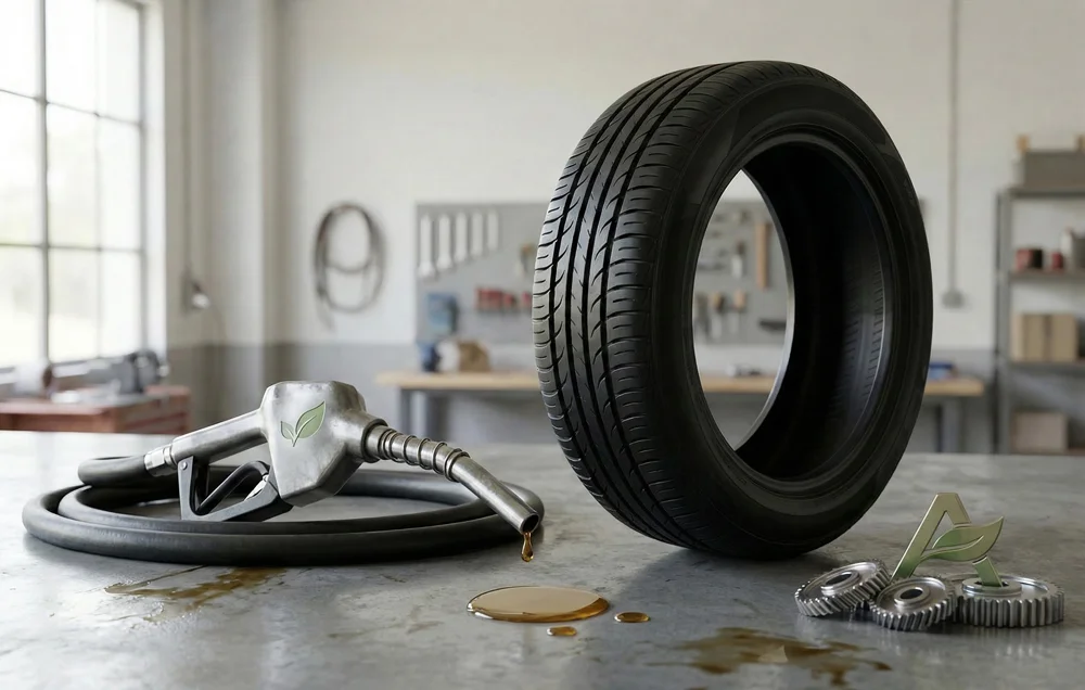 Autoband naast een brandstofpistool en tandwielen met bandenlabel