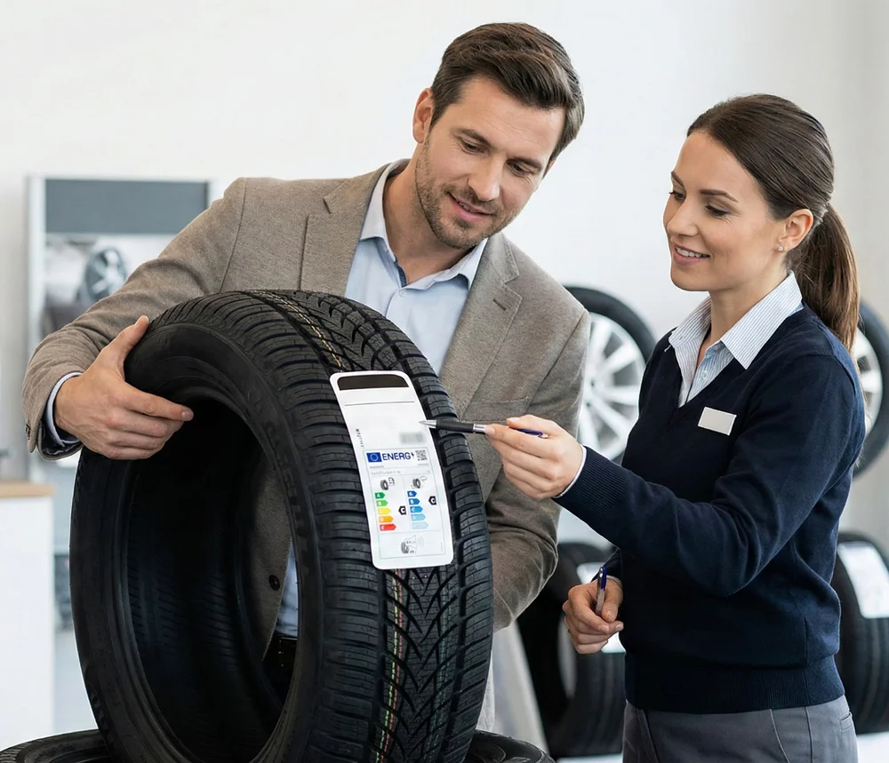 Adviseur geeft uitleg over het Europese bandenlabel aan een klant in een bandenwinkel