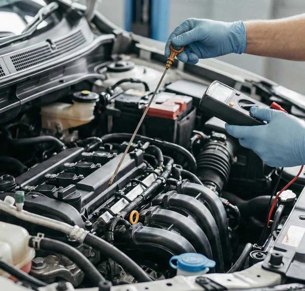 Monteur voert een Hyundai merkbeurt uit aan de motor van een auto