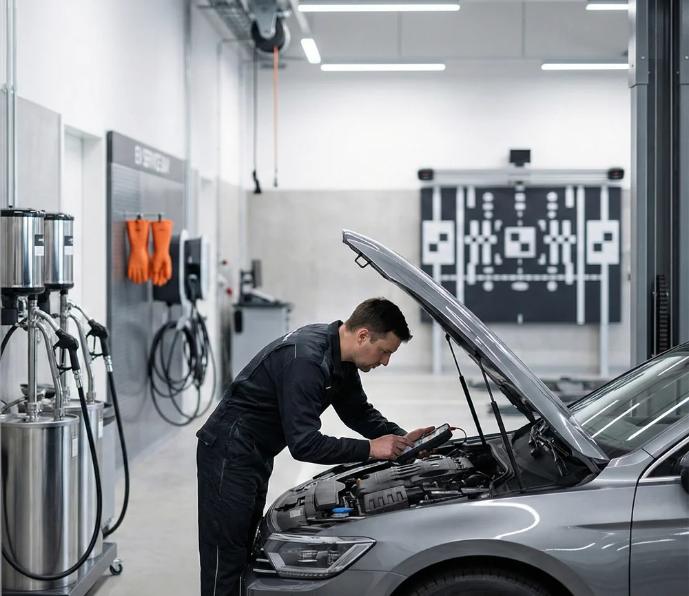 Monteur controleert een Hyundai tijdens een merkbeurt in een professionele werkplaats