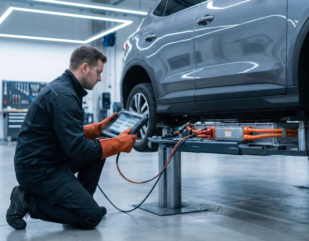 Monteur controleert een Kia tijdens een Kia merkbeurt in een professionele werkplaats