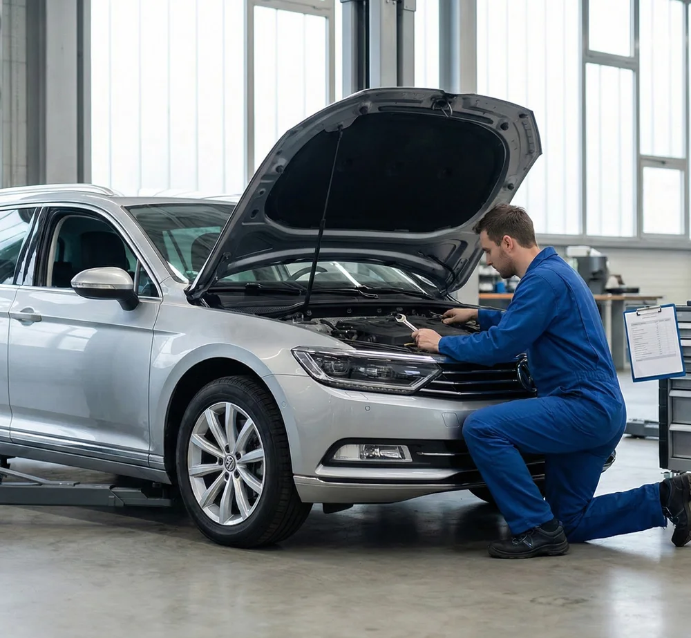 Monteur voert onderhoud uit aan motorruimte van een auto tijdens kleine beurt