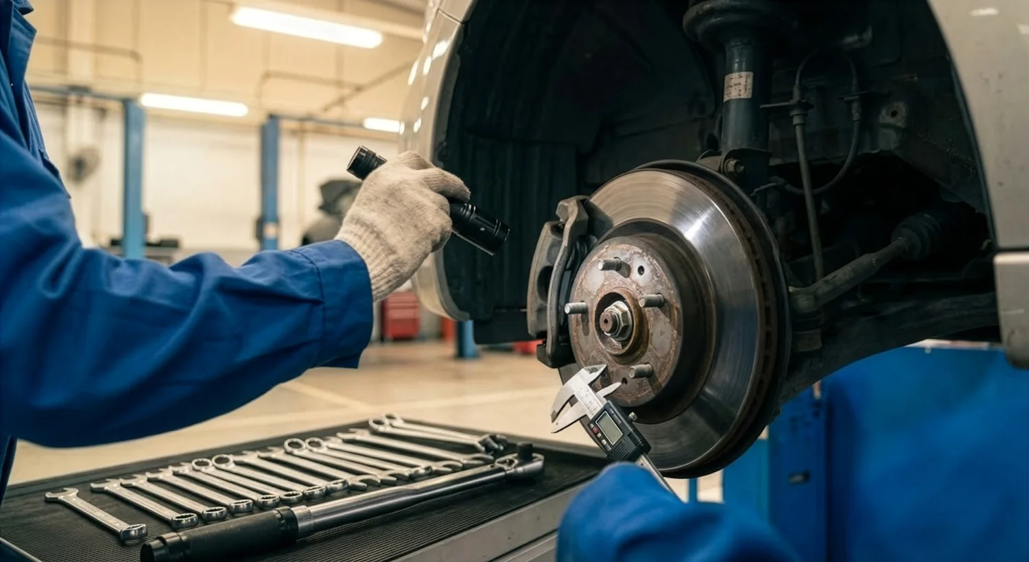 Monteur inspecteert remmen en remschijven tijdens kleine onderhoudsbeurt