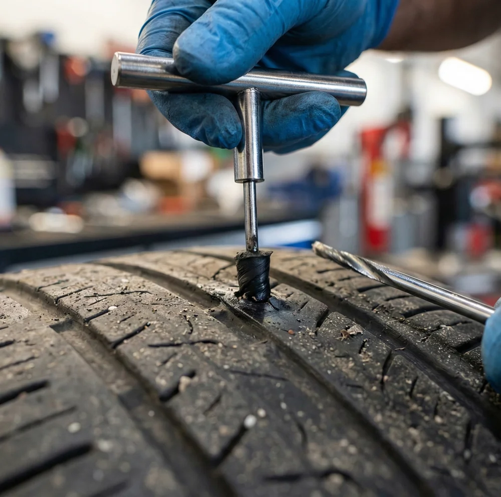 Monteur voert een vakkundige lekke band reparatie uit met een speciale plug