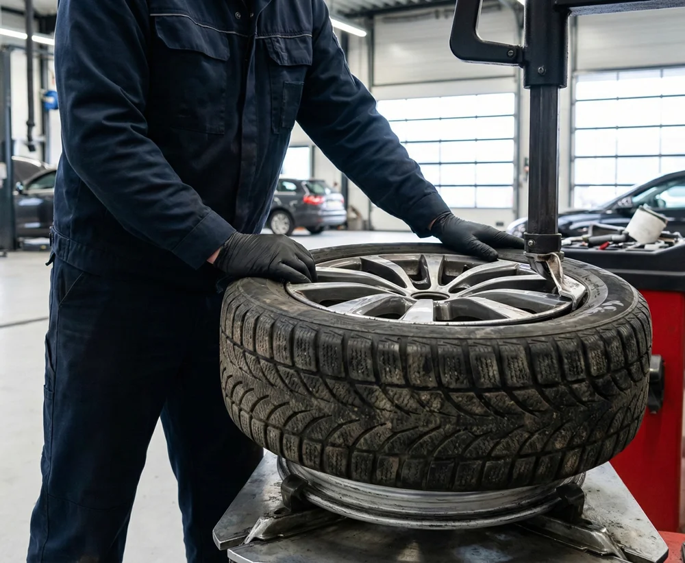 Professionele apparatuur wordt gebruikt voor een lekke band reparatie in de werkplaats
