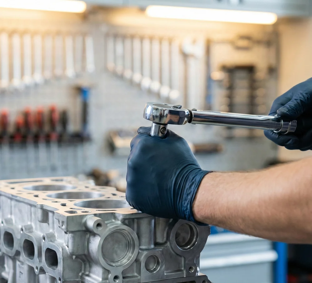 Monteur voert nauwkeurig werk uit tijdens een merkbeurt in de werkplaats