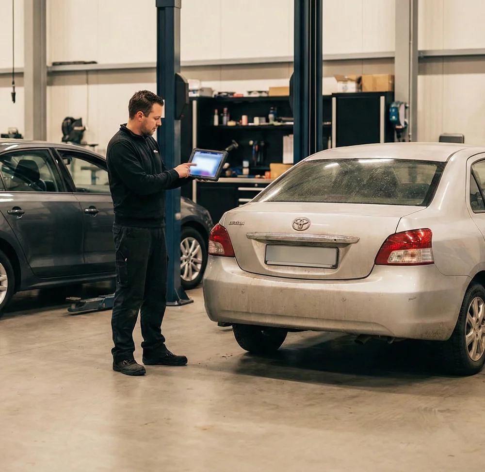 Monteur leest een auto uit tijdens een merkbeurt bij Auto APK Service