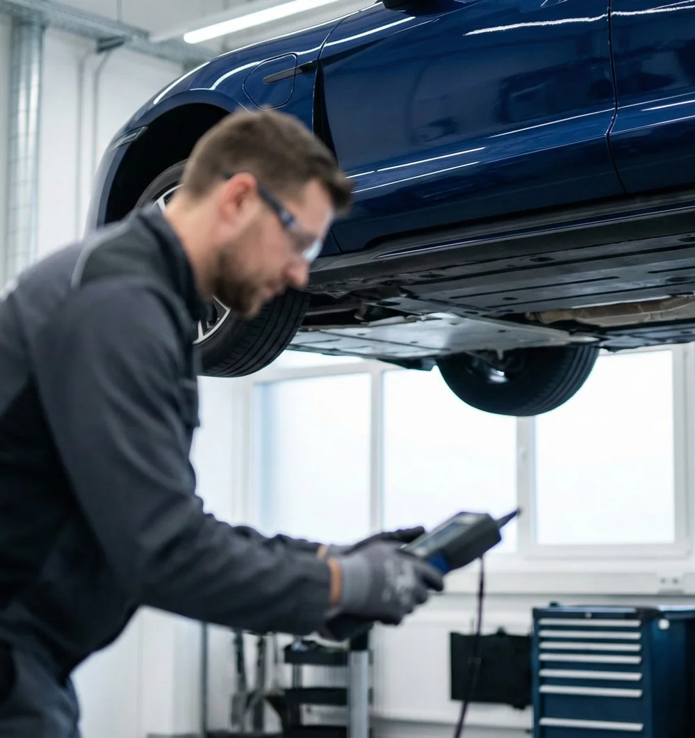 Alt-teksten voor de afbeeldingen Onderhoud-Elektrische-Auto-EV-Beurt-img2.webp alt="Monteur voert onderhoud uit aan elektrische auto die op een hefbrug staat