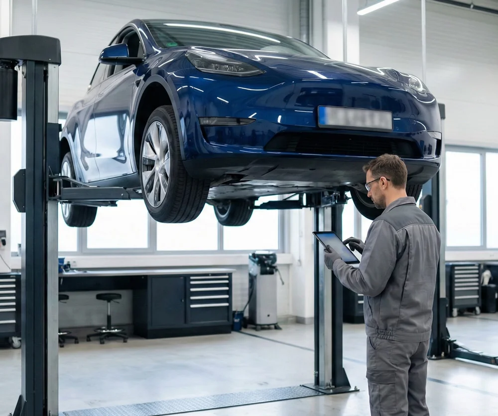 Technicus controleert elektrische auto met tablet in moderne werkplaats