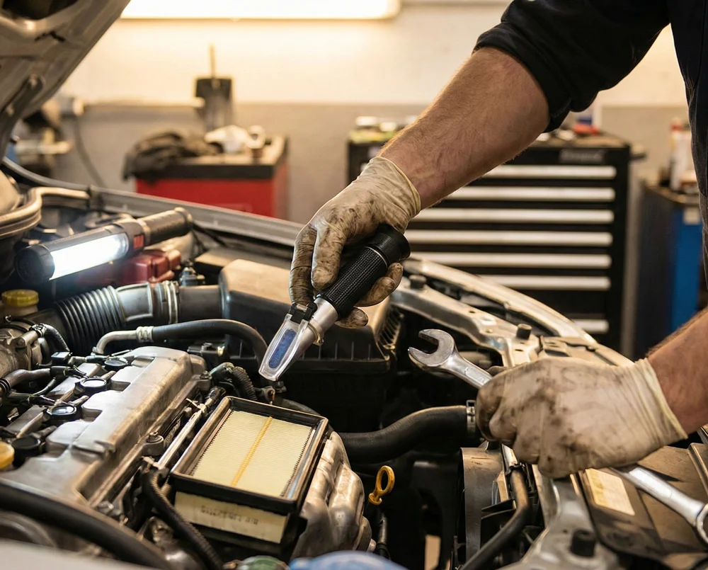 Monteur voert een Peugeot merkbeurt uit aan de motor van een auto