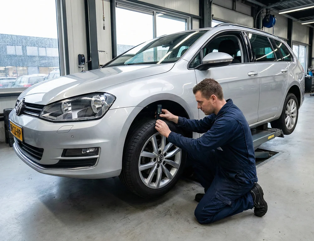 Monteur meet de profieldiepte autobanden van een zilveren Volkswagen in de werkplaats