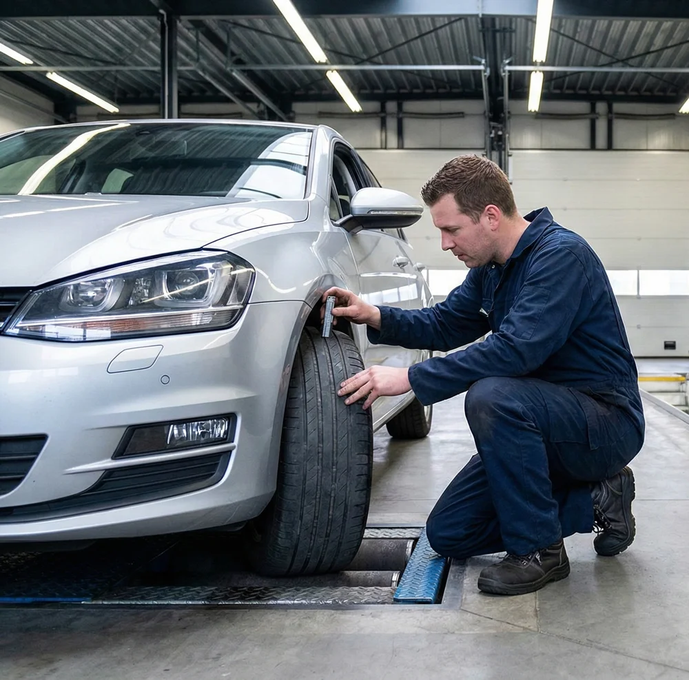 Close-up van een monteur die met een profieldieptemeter de profieldiepte autobanden controleert