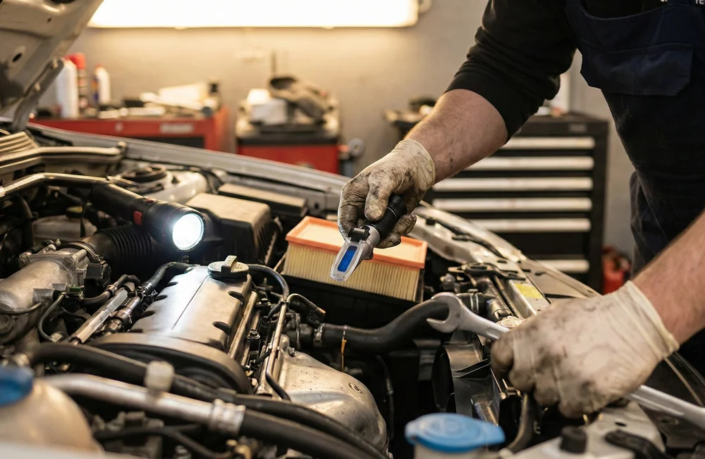 Monteur voert een Renault merkbeurt uit aan de motor van een auto