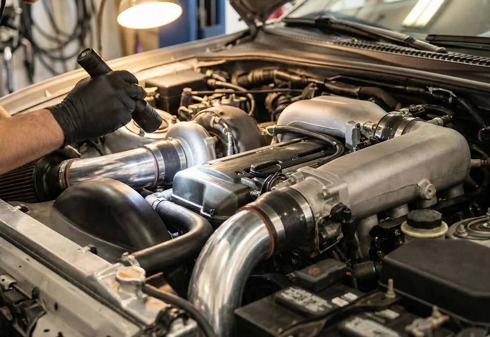 Monteur controleert een Renault tijdens een Renault merkbeurt in een professionele werkplaats