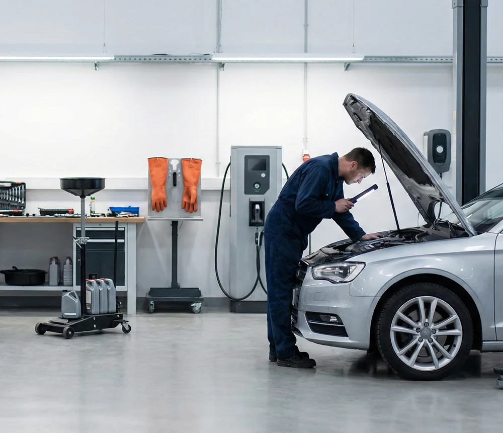 Monteur voert een Skoda merkbeurt uit aan de motor van een auto