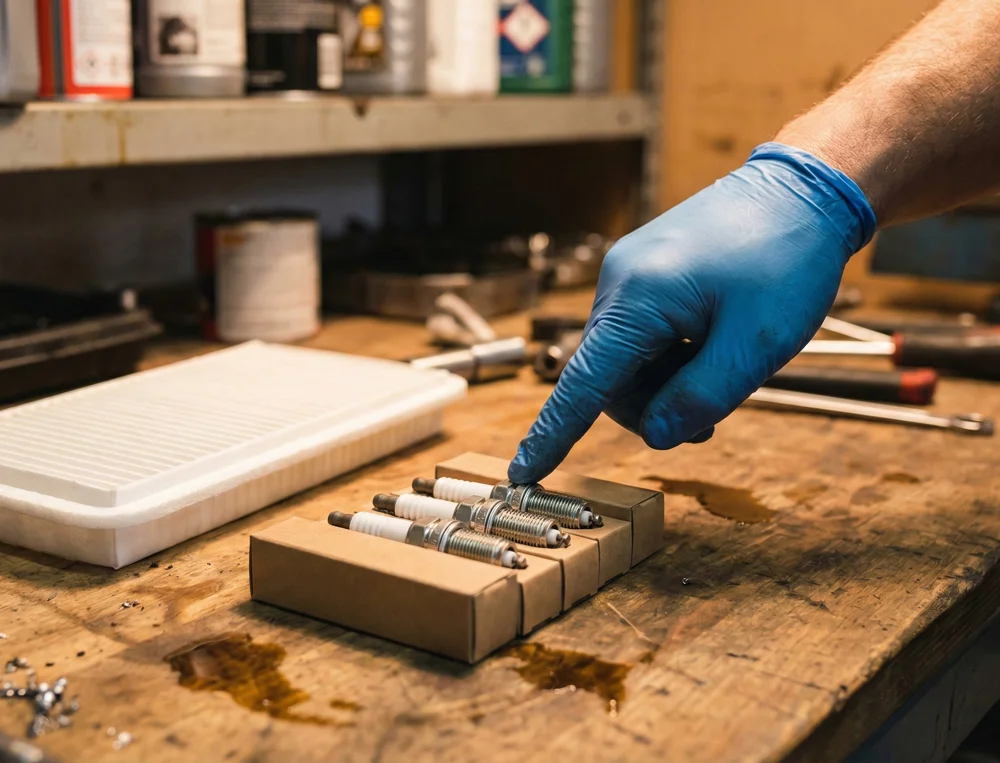 Monteur controleert onderdelen tijdens een Skoda merkbeurt in een professionele werkplaats