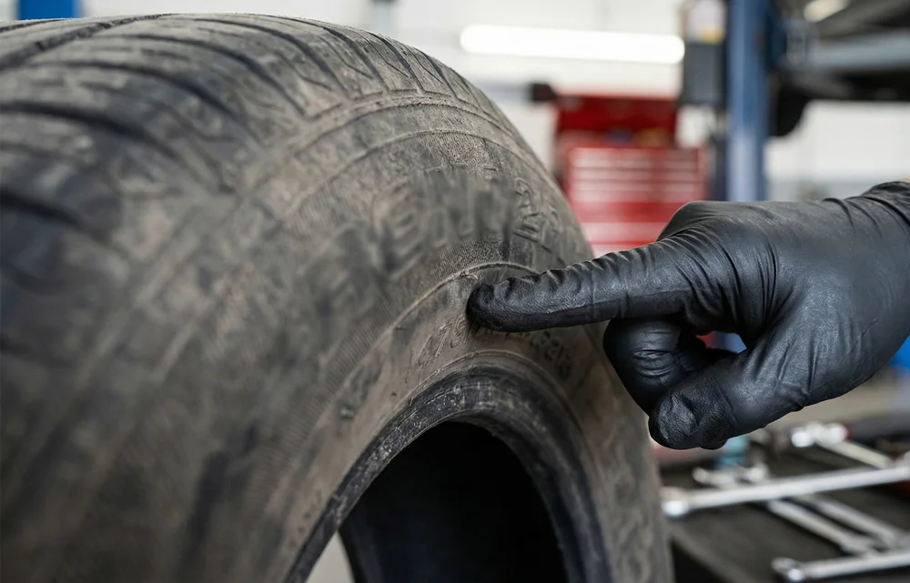 Monteur wijst op de snelheidsindex letter op de zijwand van een autoband