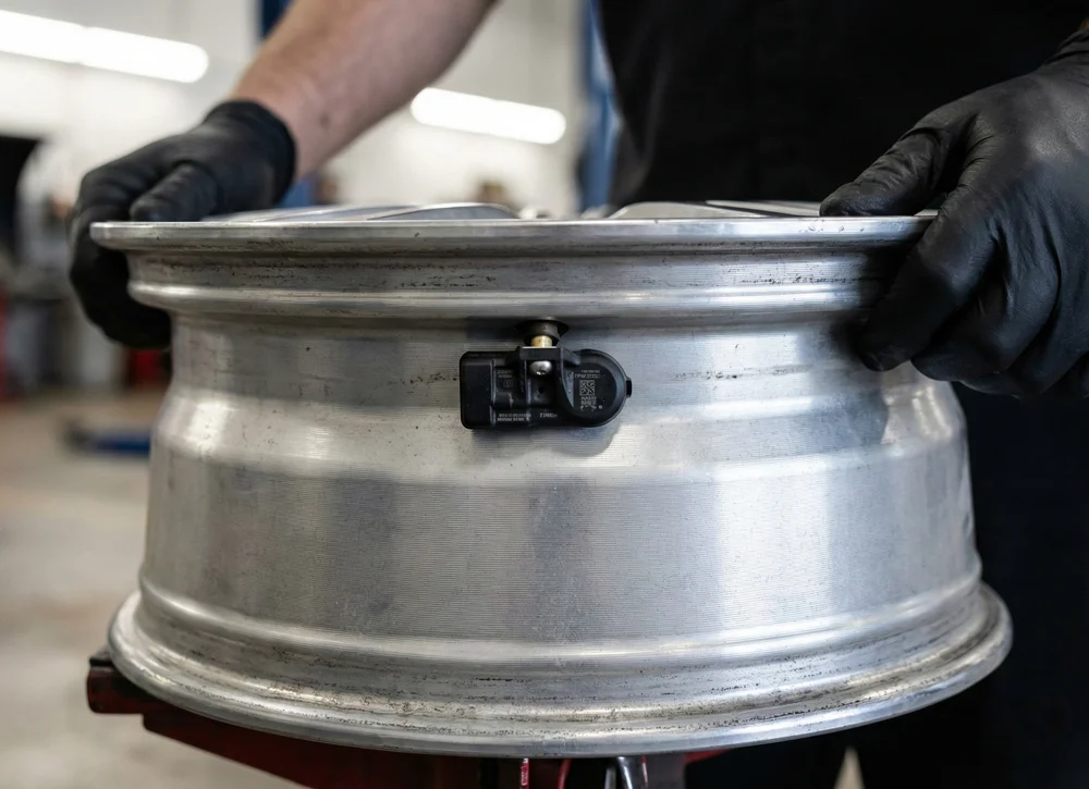 Close-up van een TPMS sensor gemonteerd op de binnenkant van een aluminium velg