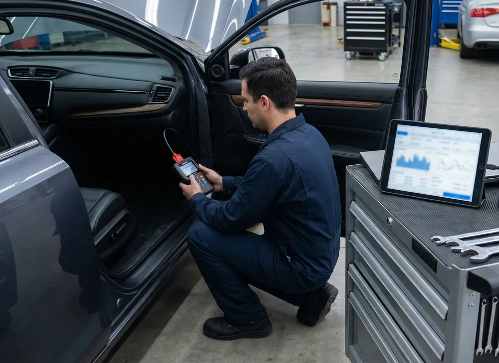 Monteur leest het TPMS systeem van een auto uit met professionele diagnose apparatuur