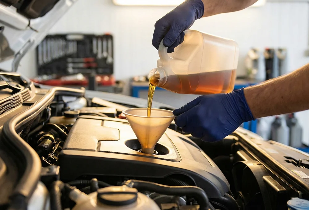 Monteur controleert een Toyota tijdens een merkbeurt in een professionele werkplaats