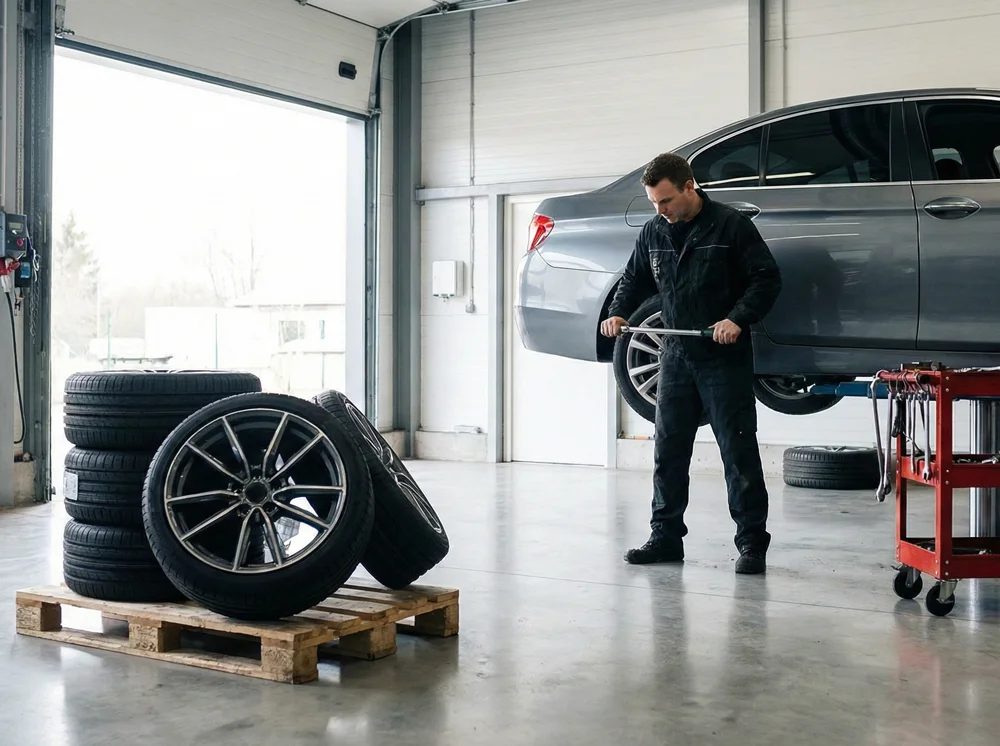 Verschillende soorten velgen in een moderne garage op een houten standaard