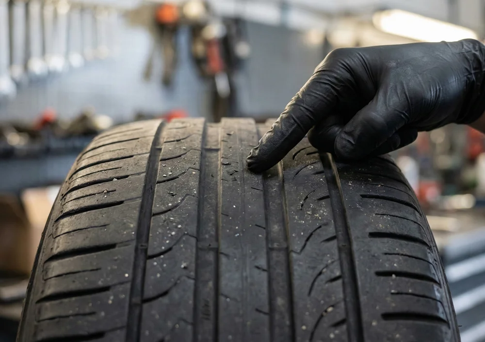 Een monteur controleert de staat van de band voordat hij zal de versleten autobanden vervangen