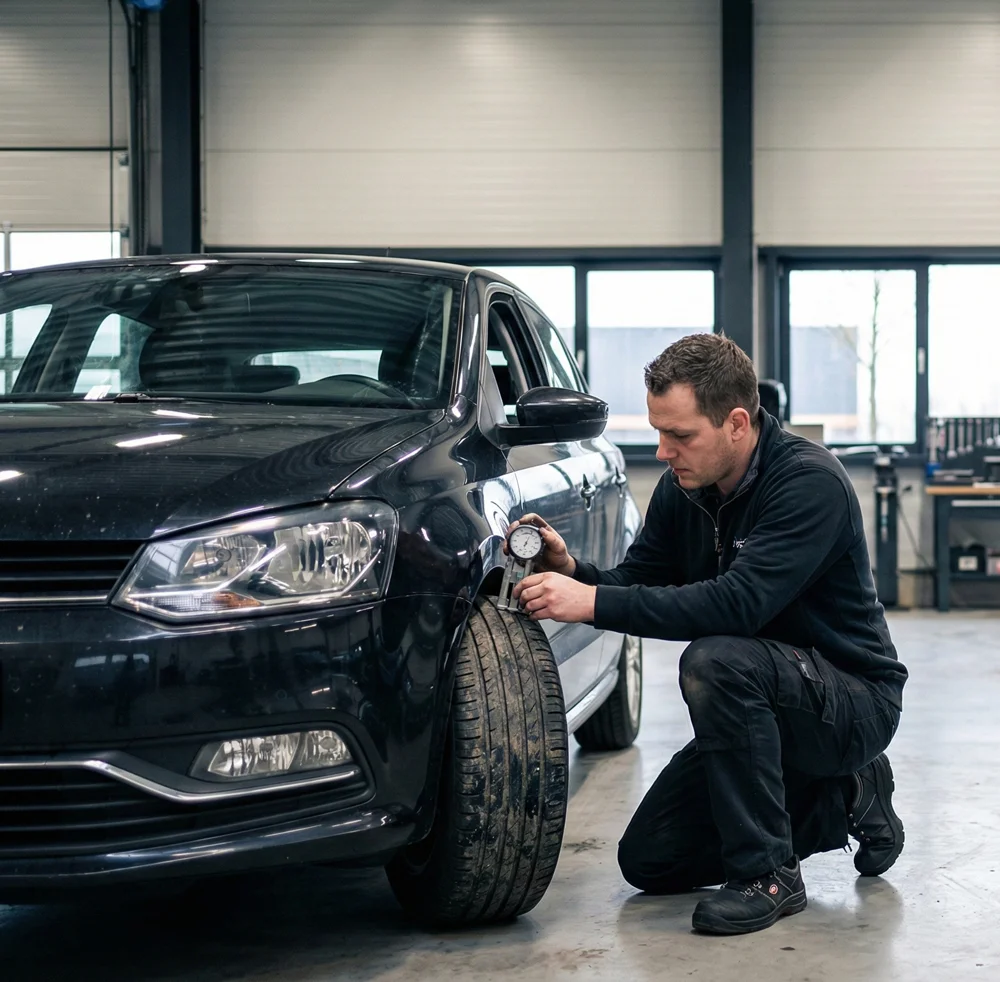 Close-up van een beschadigd loopvlak waarbij wij adviseren om de versleten autobanden vervangen