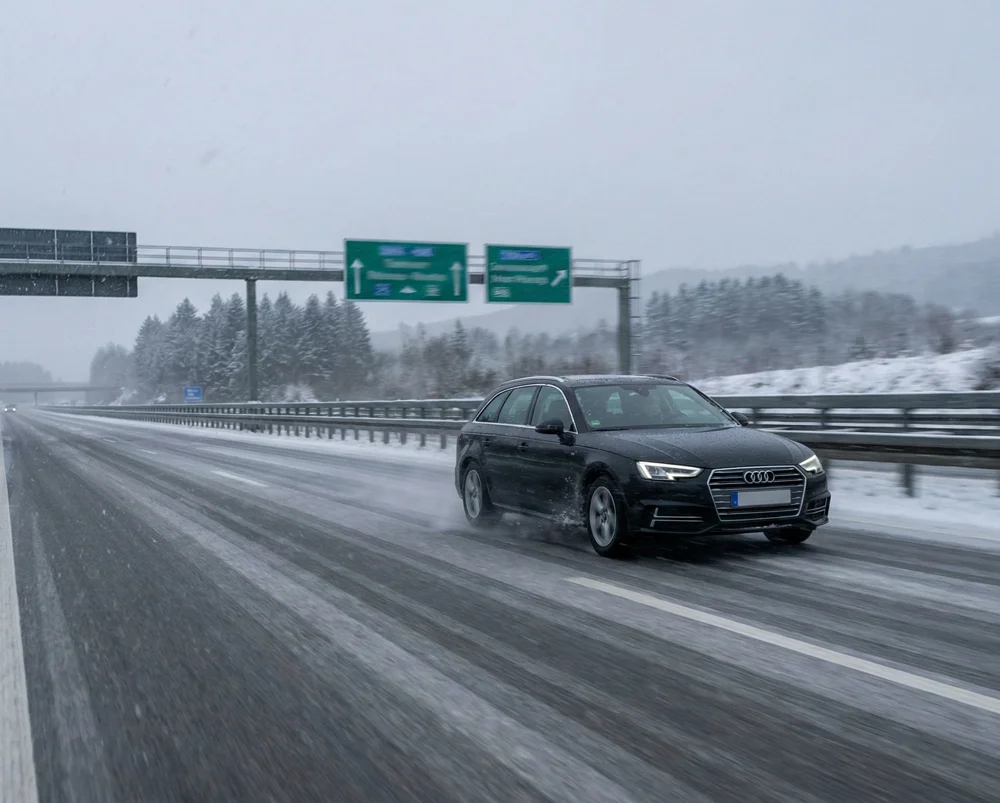 Auto rijdt veilig over een besneeuwde snelweg in Duitsland met winterbanden verplicht Duitsland