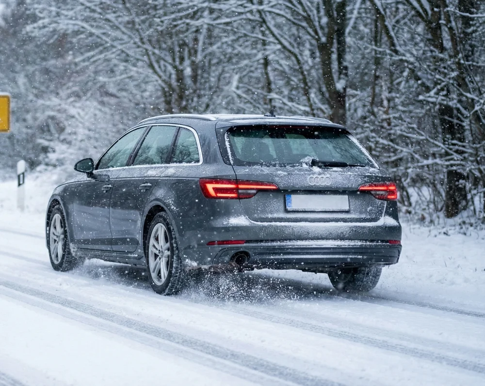 Auto rijdt door een besneeuwd bosgebied in Duitsland met winterbanden verplicht Duitsland