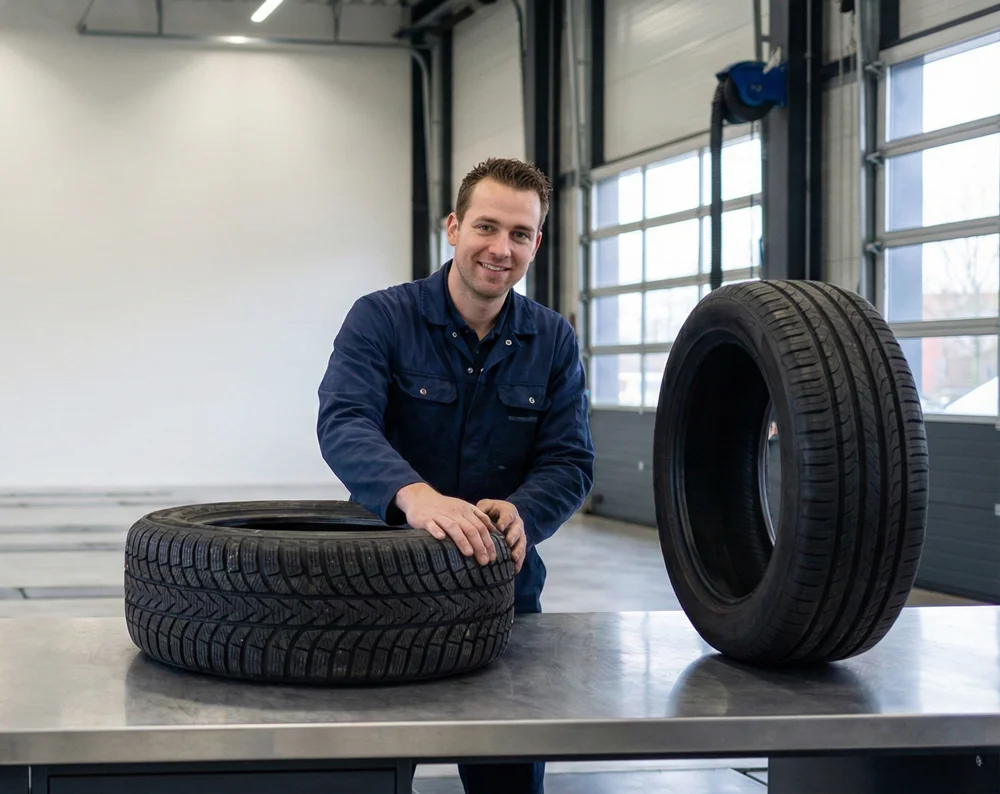 Monteur controleert winterbanden voor optimale veiligheid en prestaties in de winter