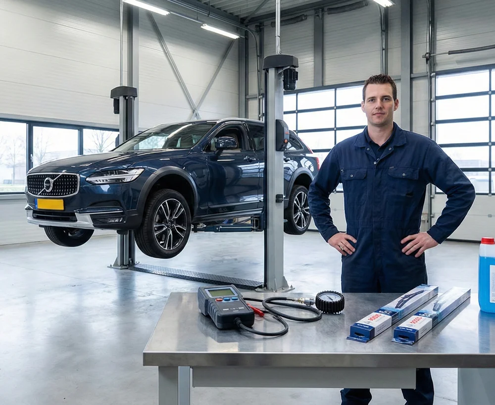 Monteur voert een wintercheck uit op een auto in een professionele werkplaats