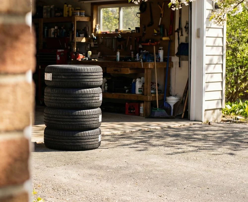 Stapels nieuwe zomerbanden klaar voor montage bij Auto APK Service