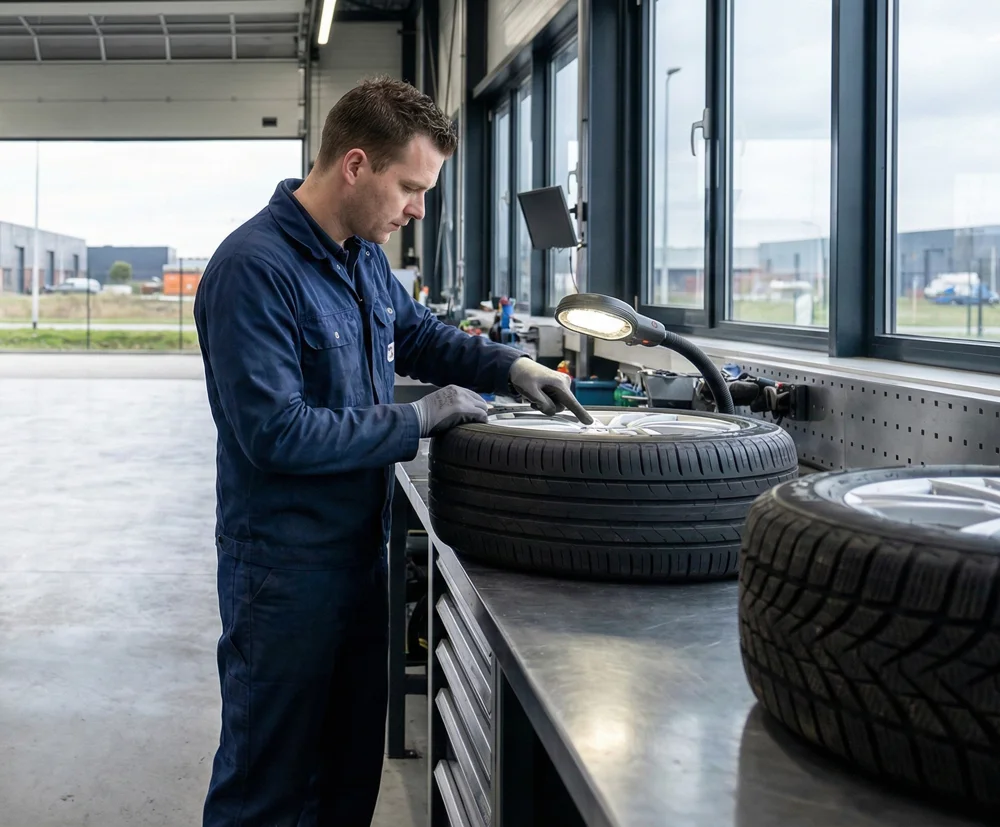 Monteur controleert zomerbanden voor optimale veiligheid en prestaties